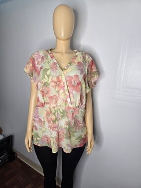 Jaclyn Smith Floral V-Neck Blouse in Pink & Green Size US/2X